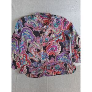 Lauren Ralph Lauren Women's 2X Paisley Drawstring Blouse Long Sleeve Pure Cotton